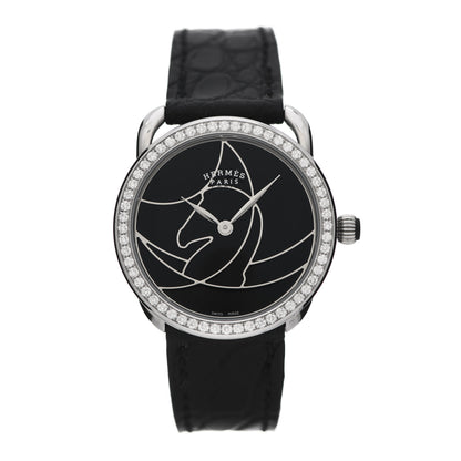 Hermes Stainless Steel Alligator Diamond 28mm Arceau Cavales Quartz Watch Noir 1 of 4