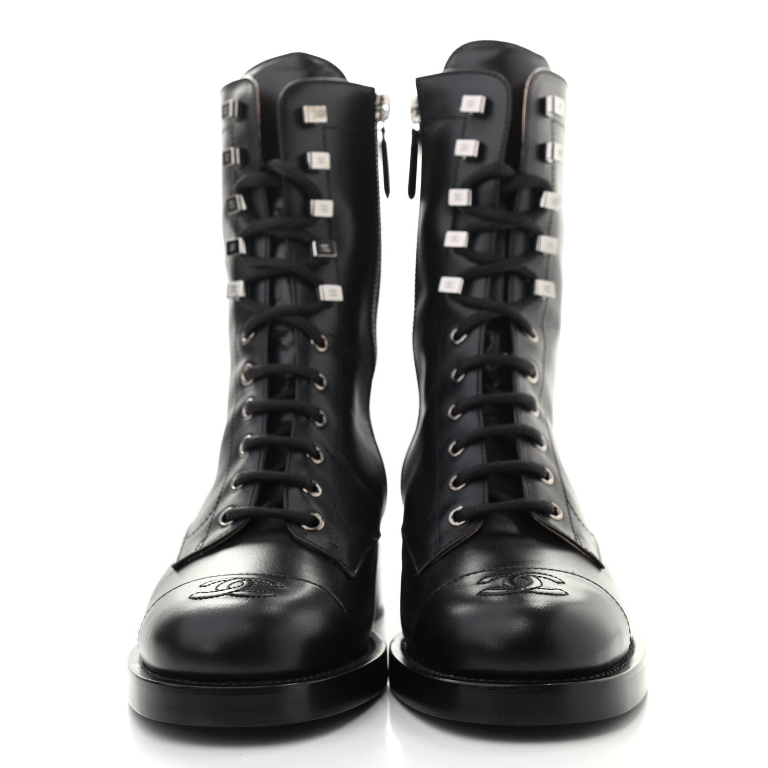 Chanel Calfskin Lace Up Combat Boots 38.5 Black 2 of 10