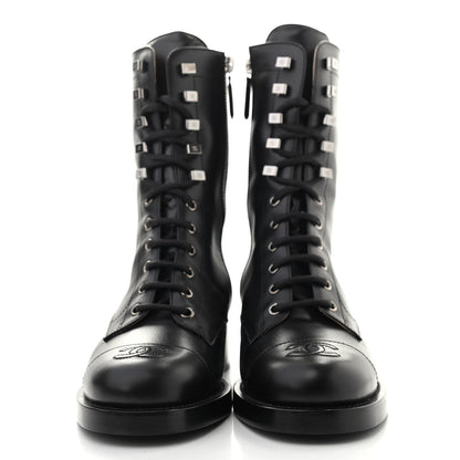 Chanel Calfskin Lace Up Combat Boots 38.5 Black 2 of 10
