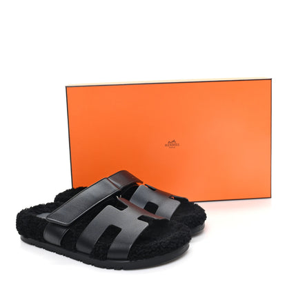 Hermes Calfskin Woolskin Womens Chypre Sandals 38 Black 10 of 10