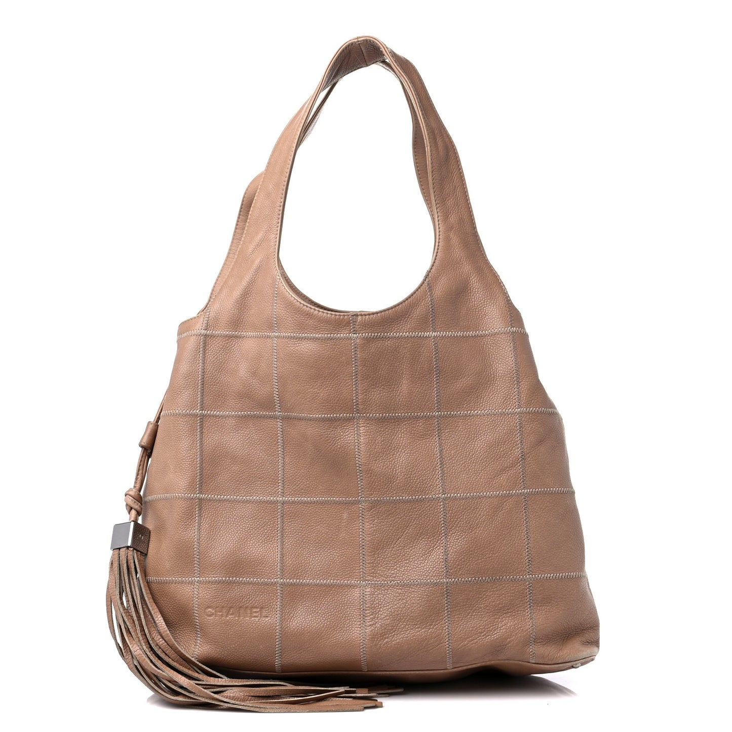 Calfskin Square Stitched Tassel Hobo Beige
