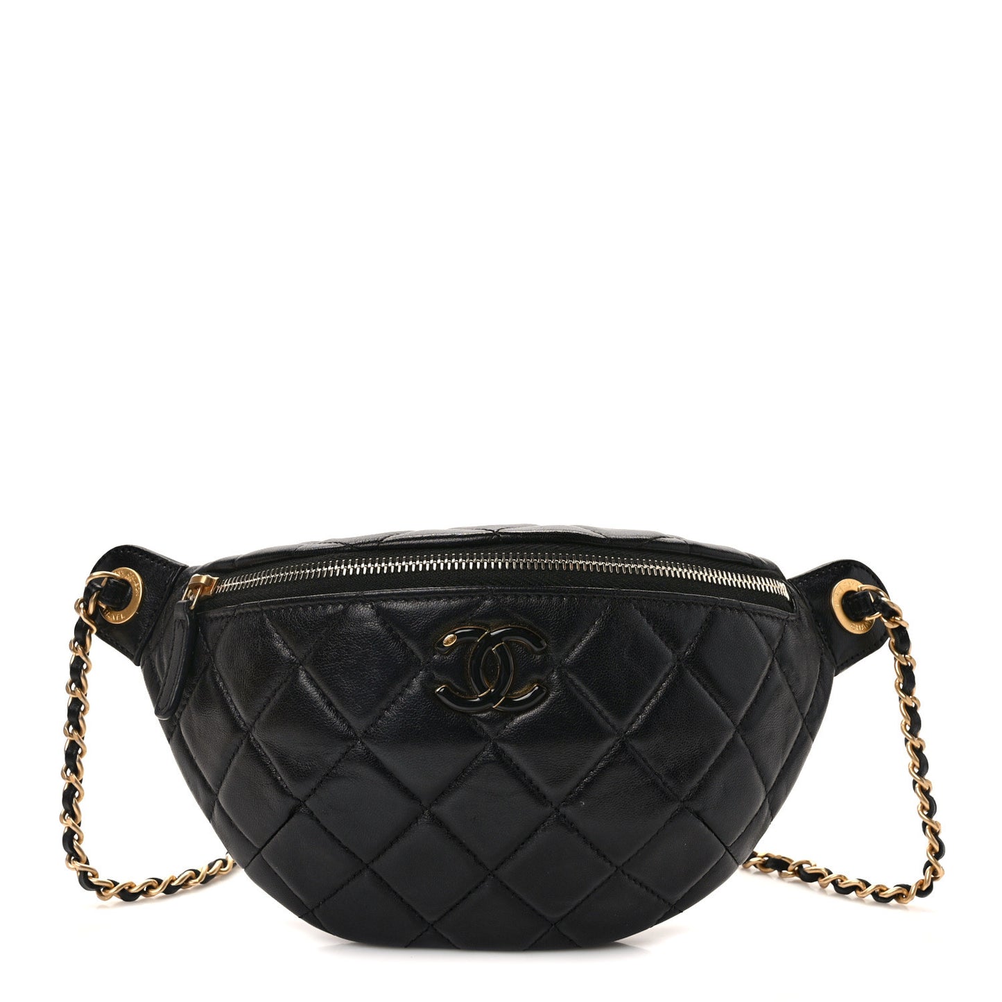 Shiny Lambskin Enamel Quilted Waist Bag Fanny Pack Black