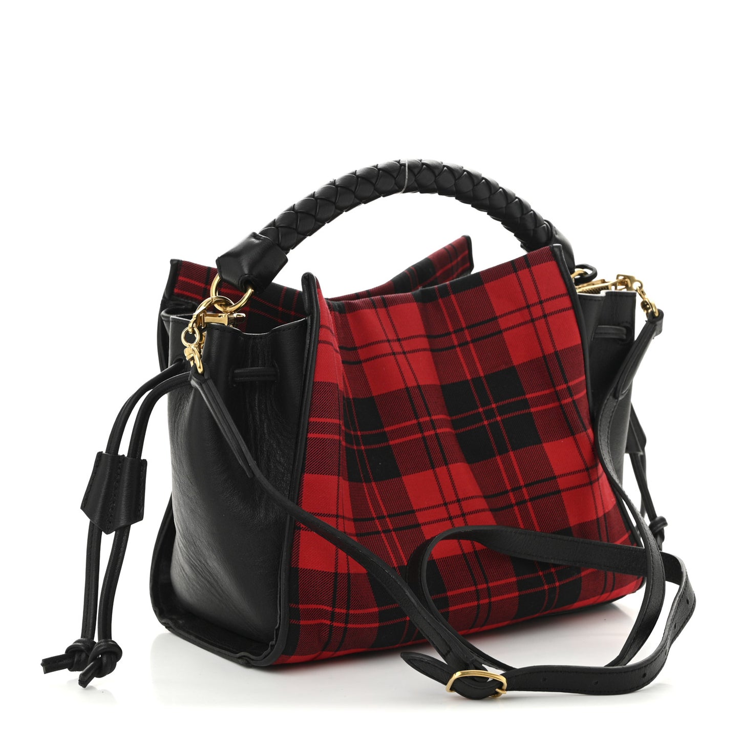 Calfskin Tartan Cotton Canvas Small Iris Tote Black Red Multicolor