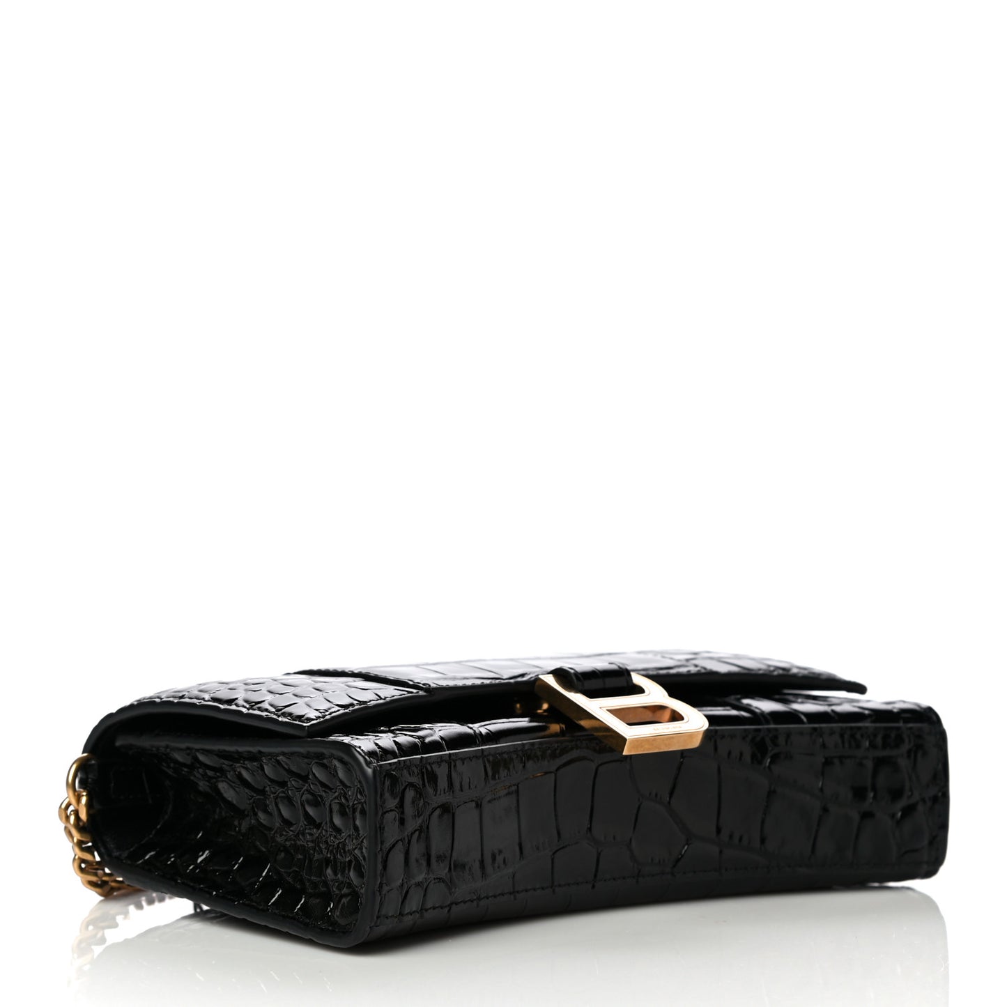 Shiny Calfskin Crocodile Embossed Hourglass Chain Bag Black