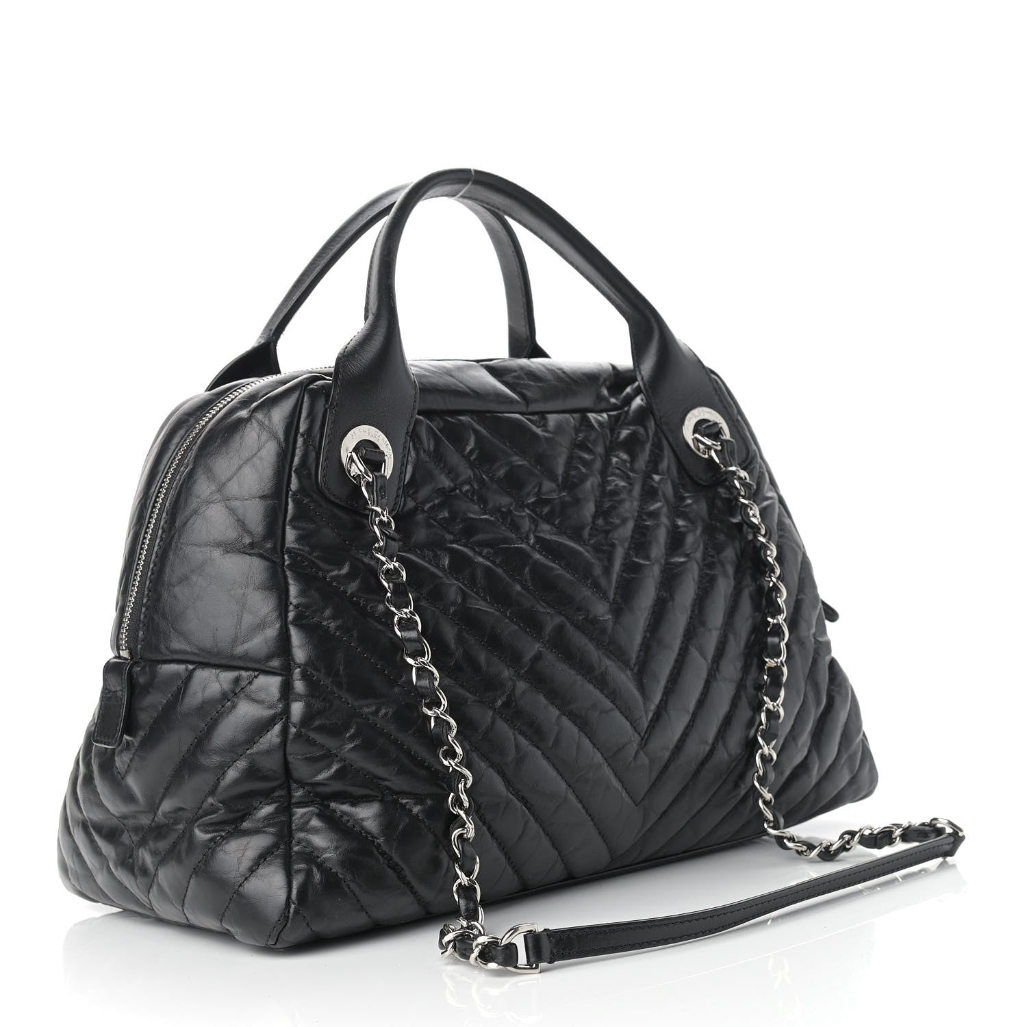 Chanel Aged Calfskin Chevron Medium Soft Bowling Bag Black 3 of 10
