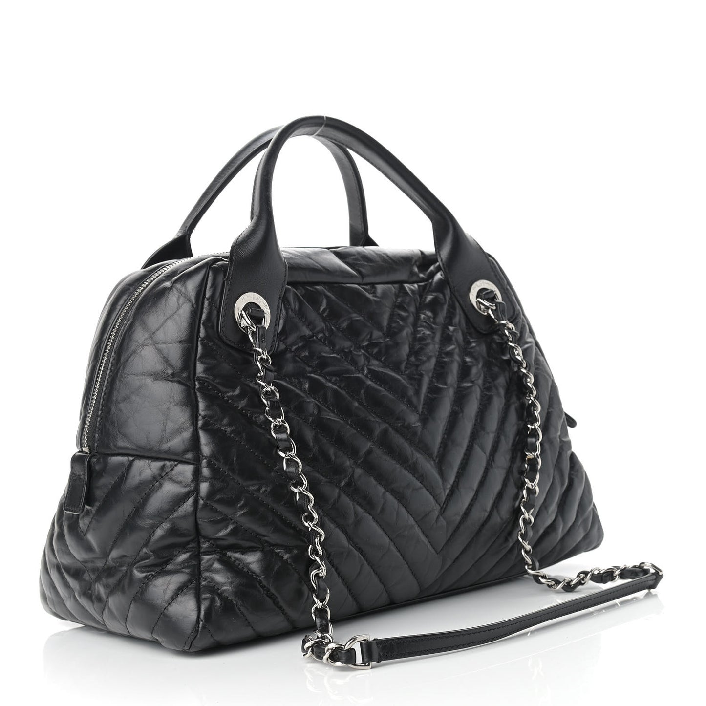 Aged Calfskin Chevron Medium Soft Bowling Bag Black