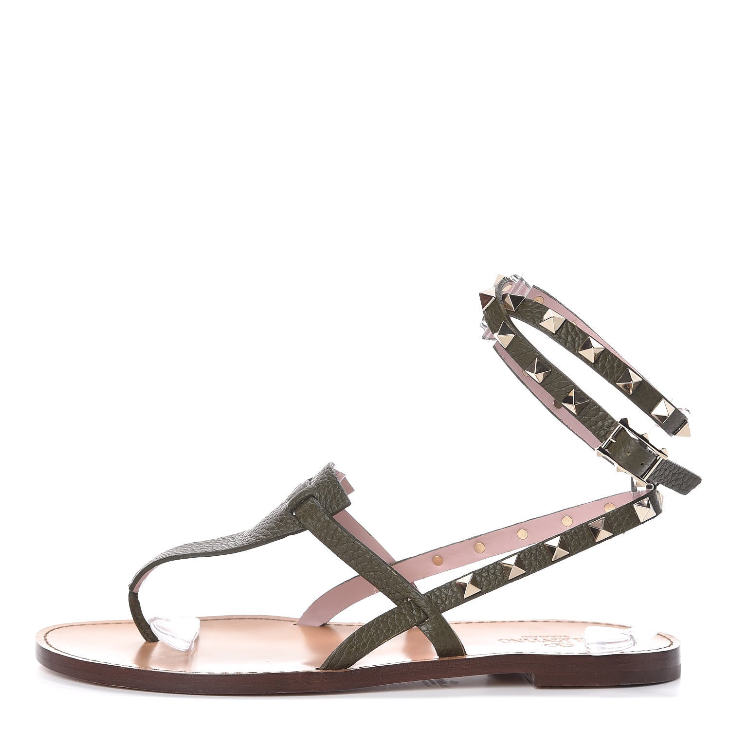 Valentino Garavani Pebbled Calfskin Rockstud Ankle Wrap Flat Thong Sandals 38 Olive 1 of 7