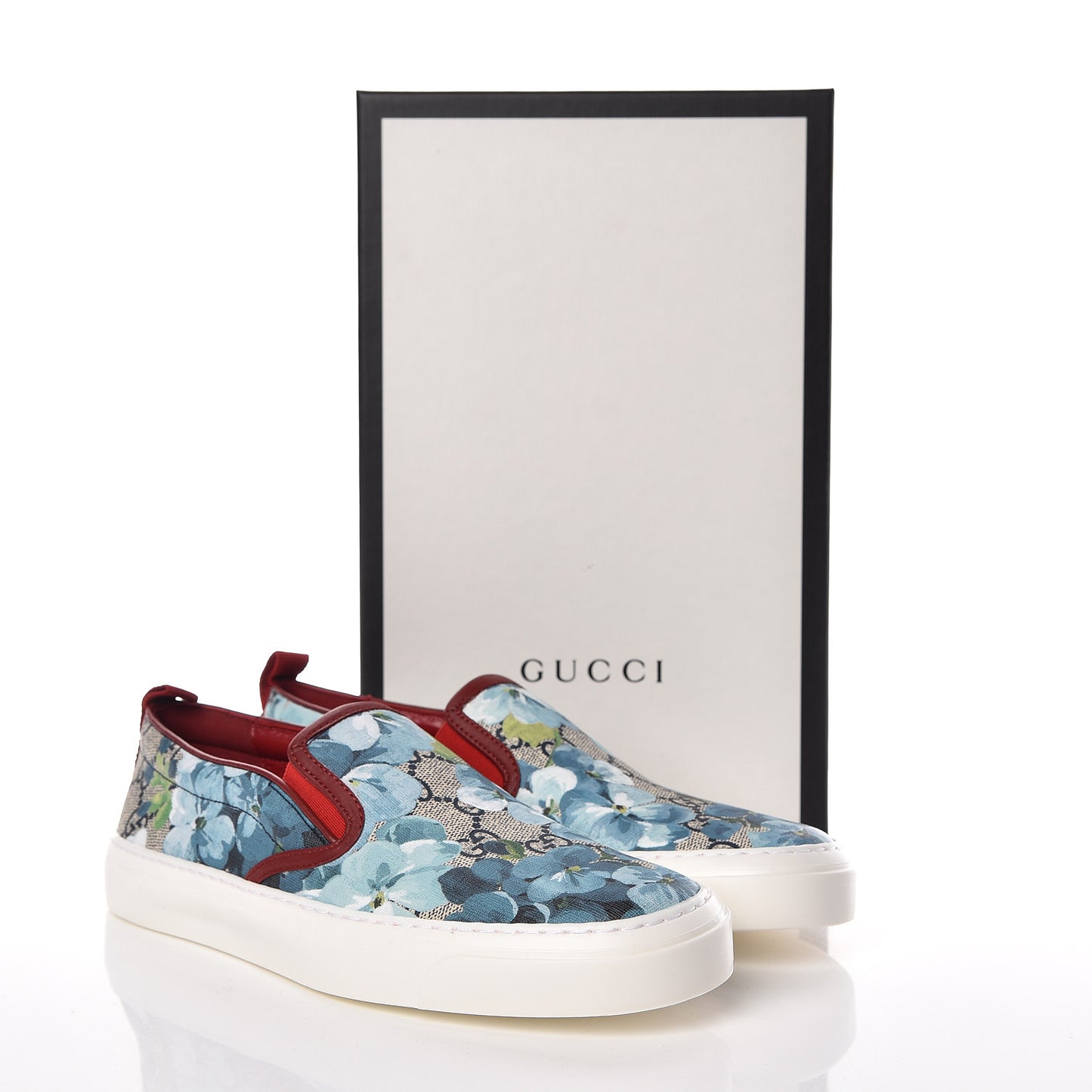 GG Supreme Monogram Blooms Womens Slip On Sneakers 37 Beige Blue Navy Red