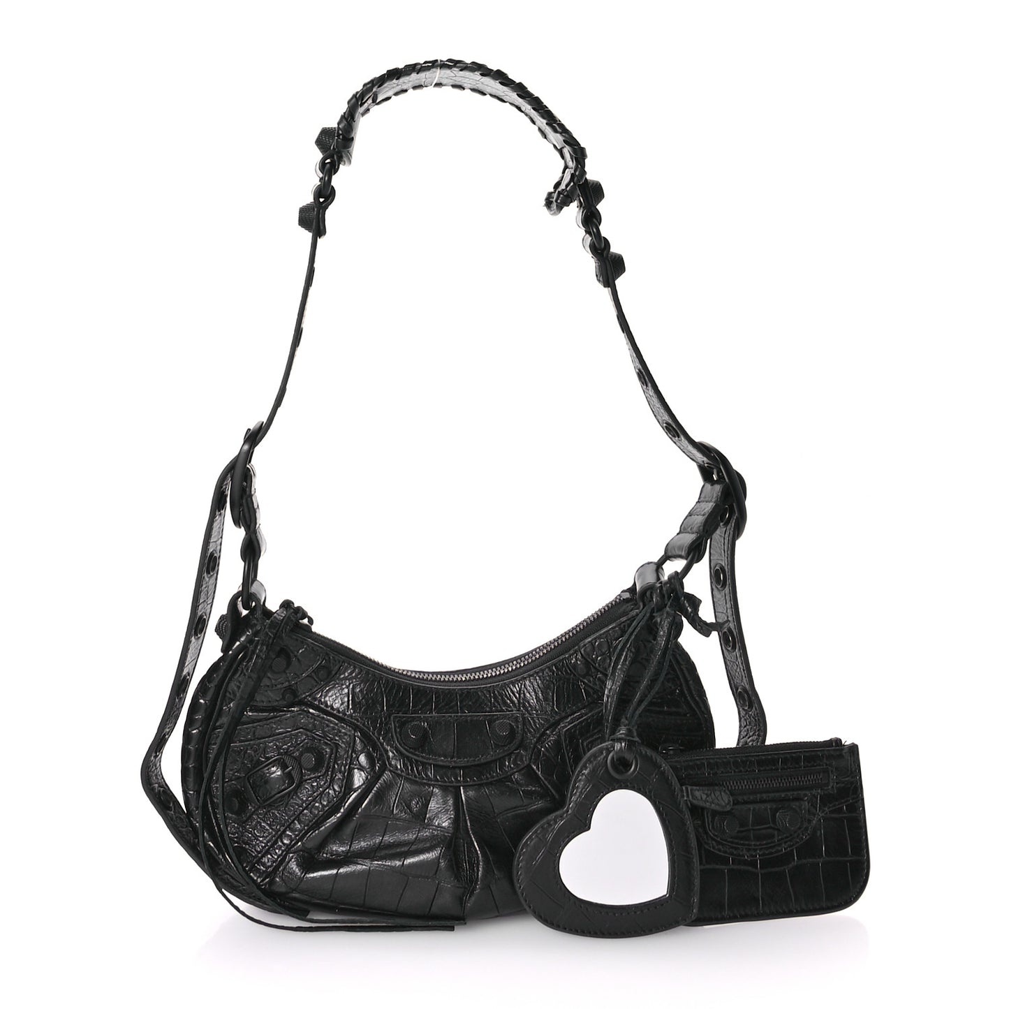 Extra Supple Calfskin Crocodile Embossed Monochrome Le Cagole Shoulder Bag XS Black