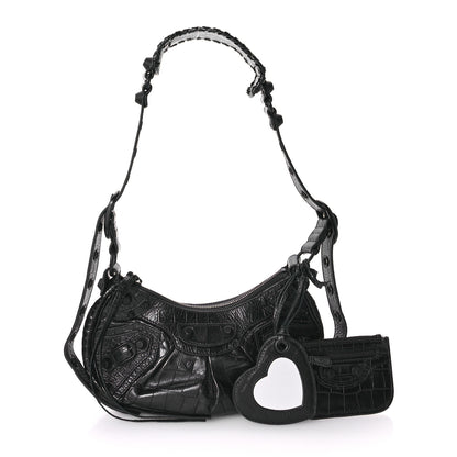 Balenciaga Extra Supple Calfskin Crocodile Embossed Monochrome Le Cagole Shoulder Bag XS Black 3 of 11