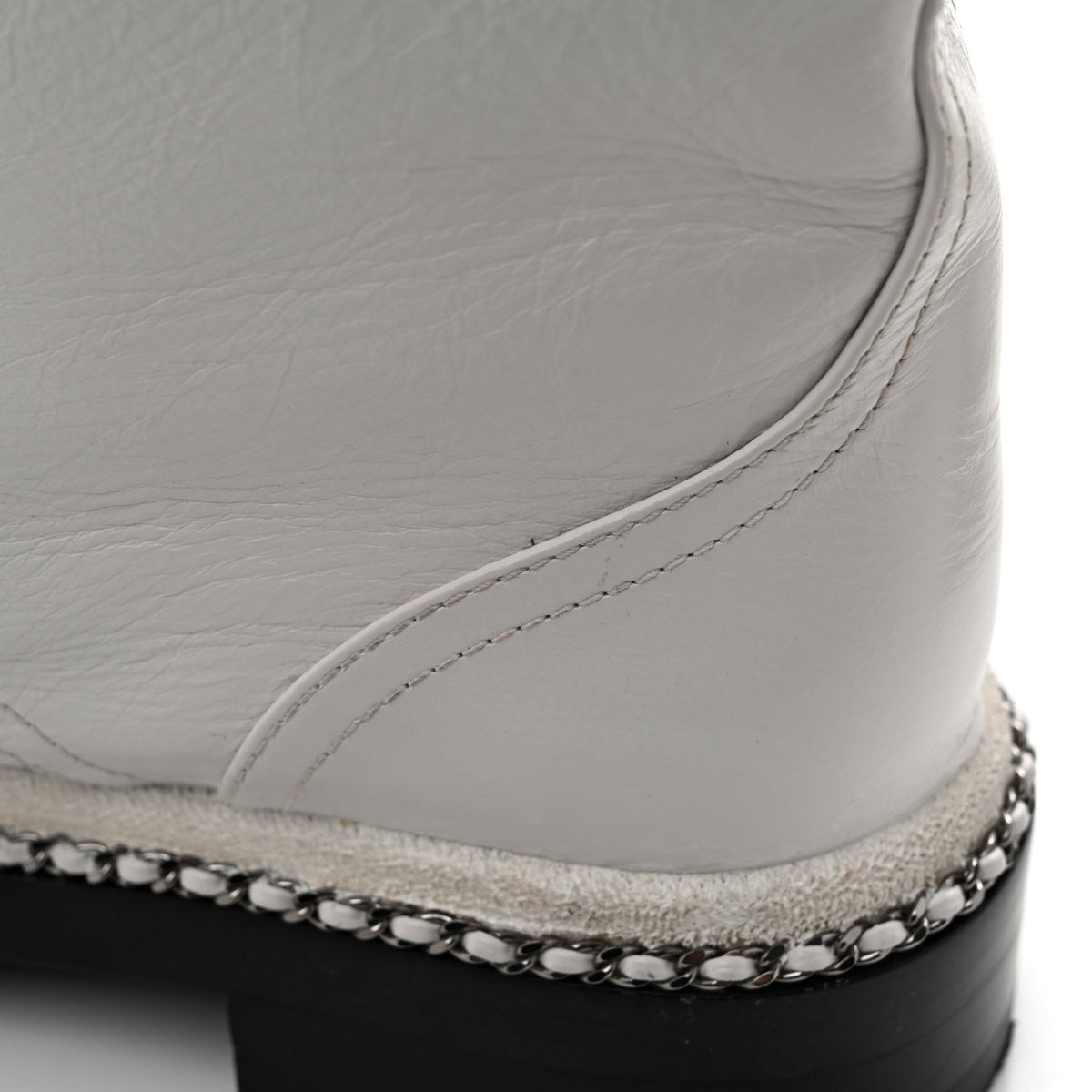 Crackled Calfskin Pearl Chain CC Combat Short Boots 38.5 White