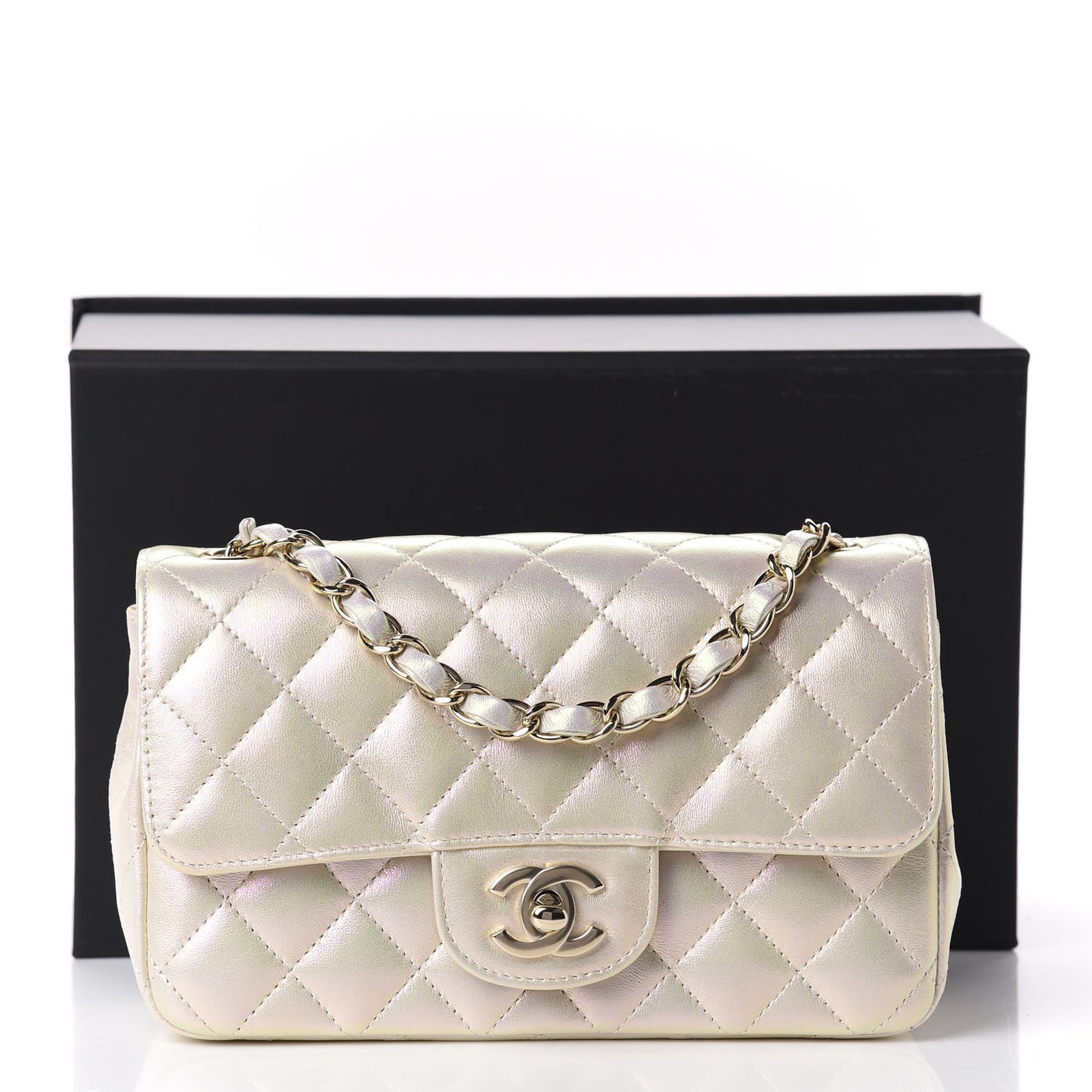 Iridescent Lambskin Quilted Mini Rectangular Flap Ivory