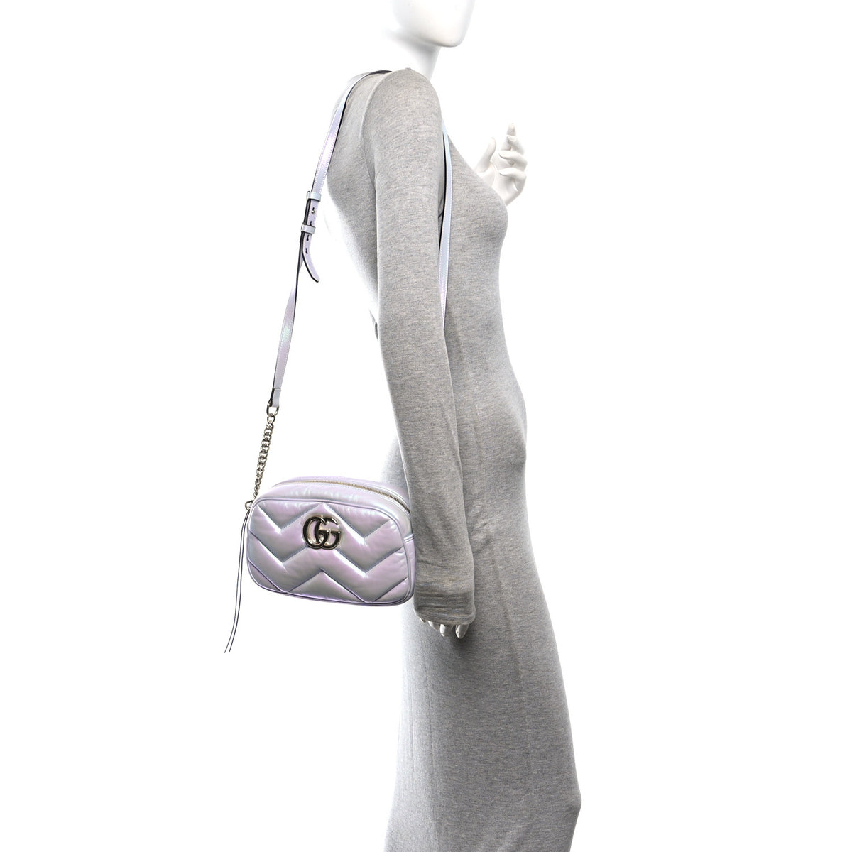 Iridescent Nappa Chevron Matelasse Small GG Marmont Chain Shoulder Bag Iridescent Snow Light Blue