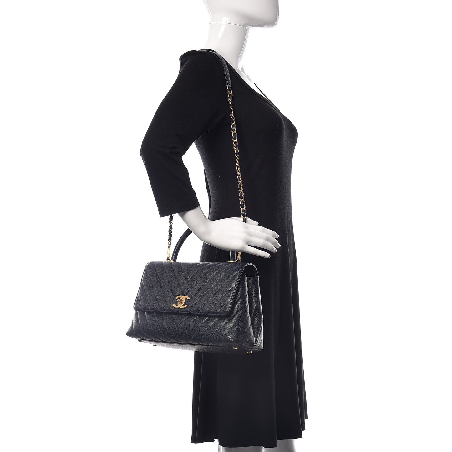 Caviar Chevron Quilted Small Coco Handle Flap Navy