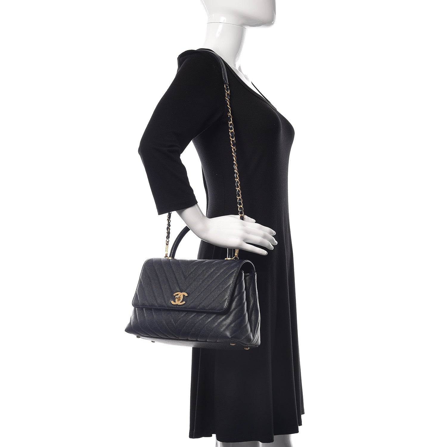 Chanel Caviar Chevron Quilted Small Coco Handle Flap Navy 2 of 12