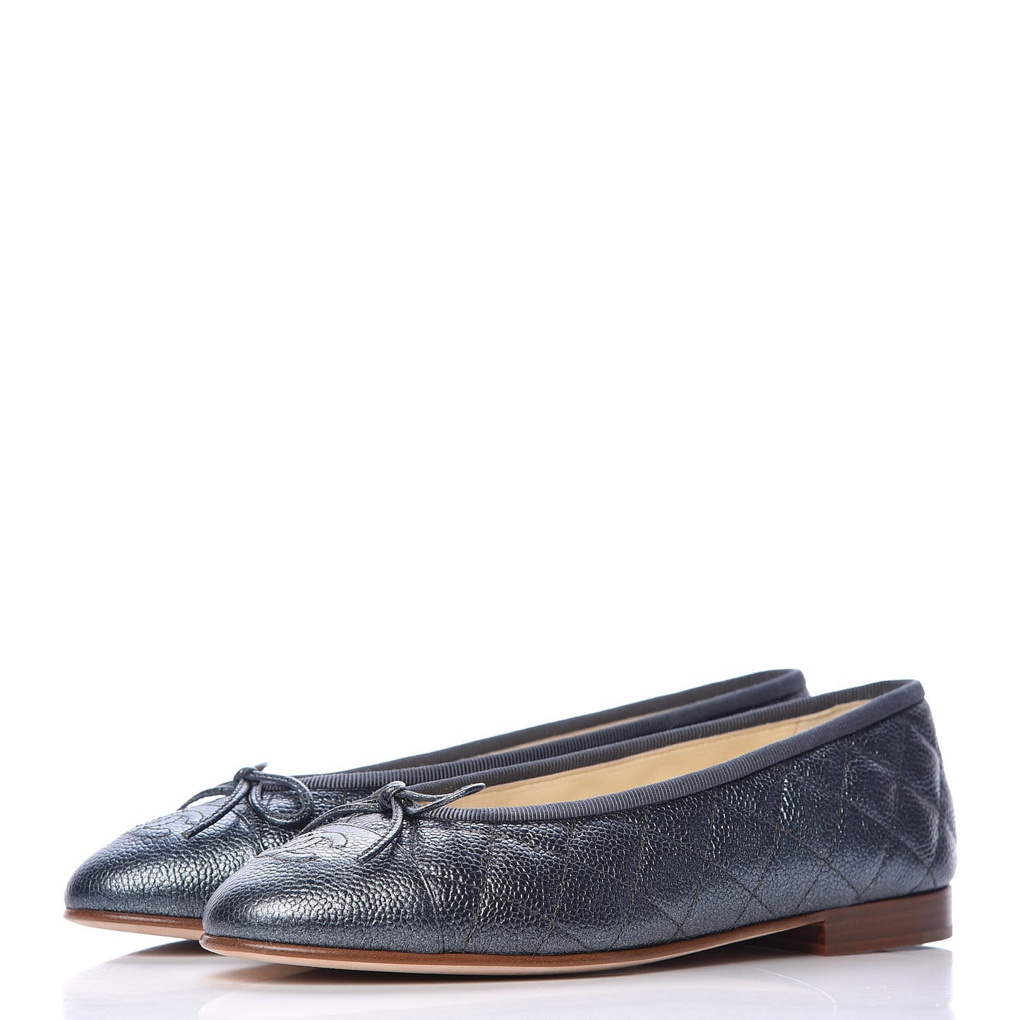 Metallic Caviar Quilted Cap Toe Ballerina Flats 36.5 Anthracite
