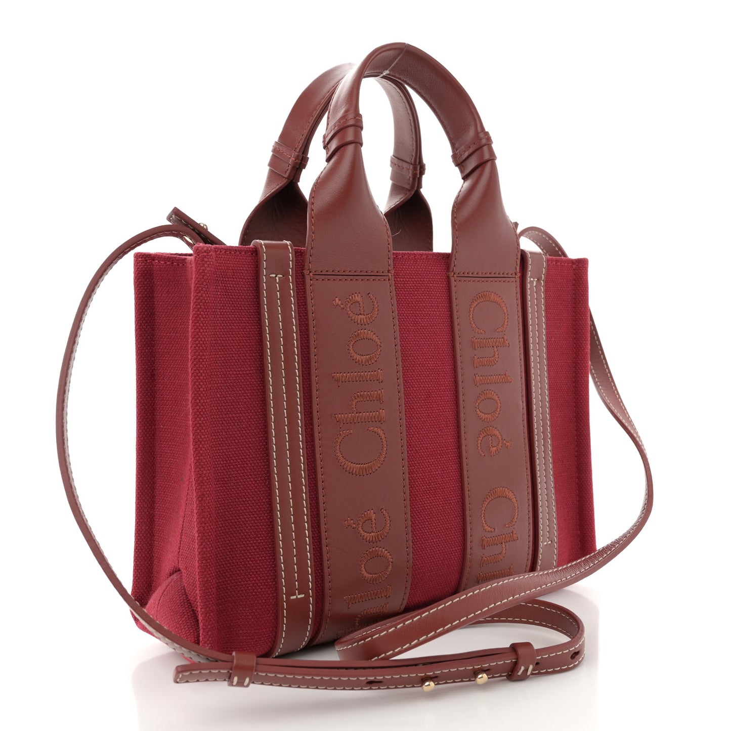 Cotton Calfskin Small Woody Ribbon Tote With Strap Dark Red