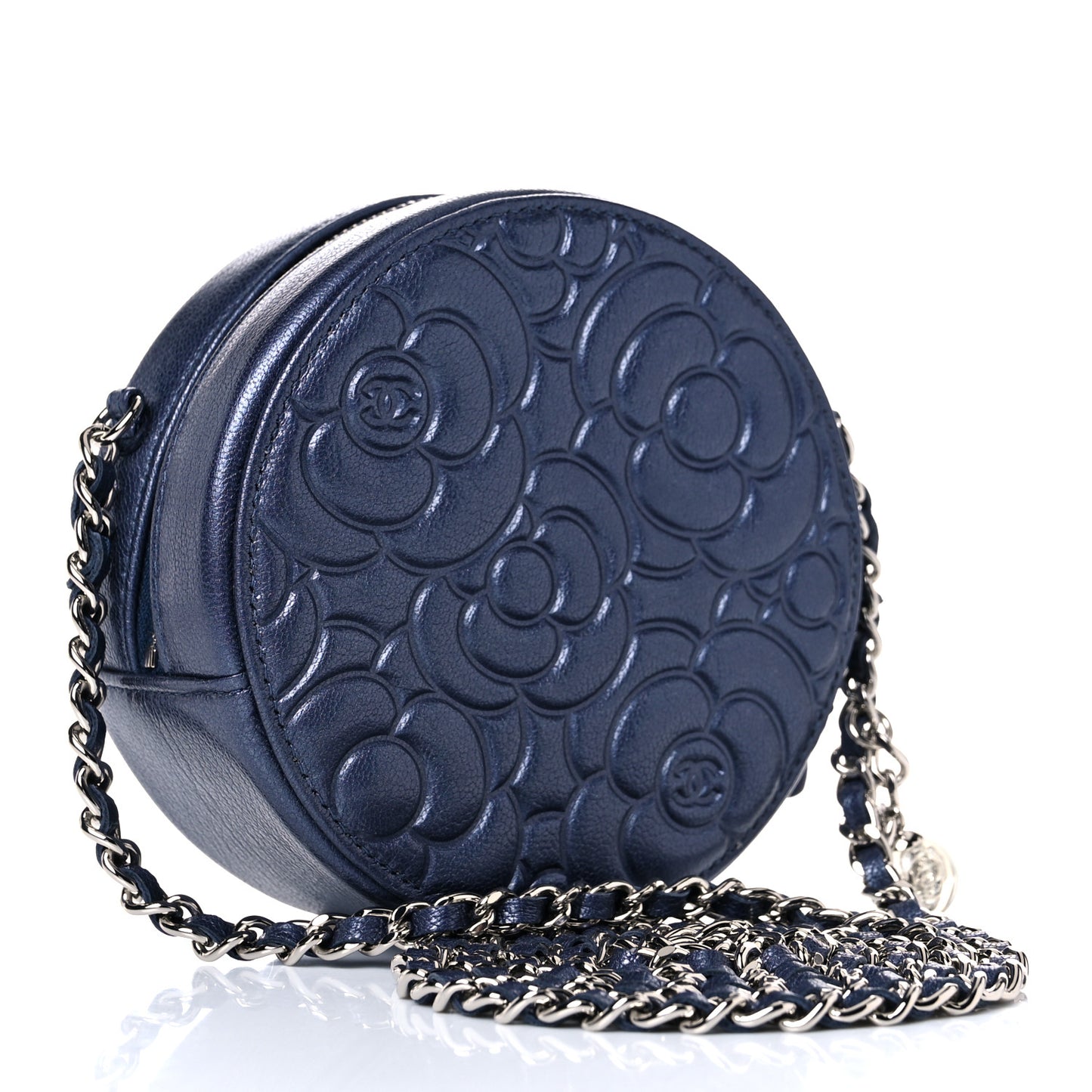 Goatskin Camellia Embossed Round Clutch With Chain Dark Blue