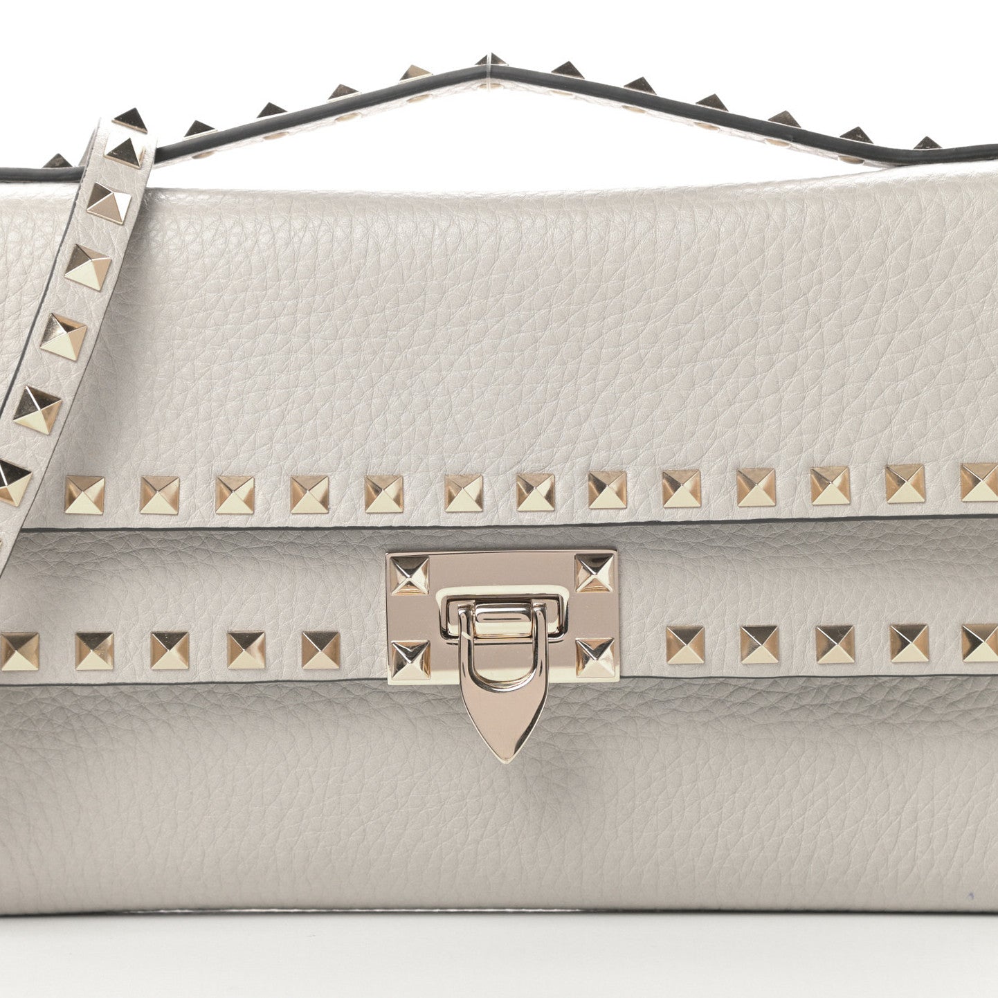 Grainy Calfskin Rockstud Double Flap Crossbody Bag Light Grey