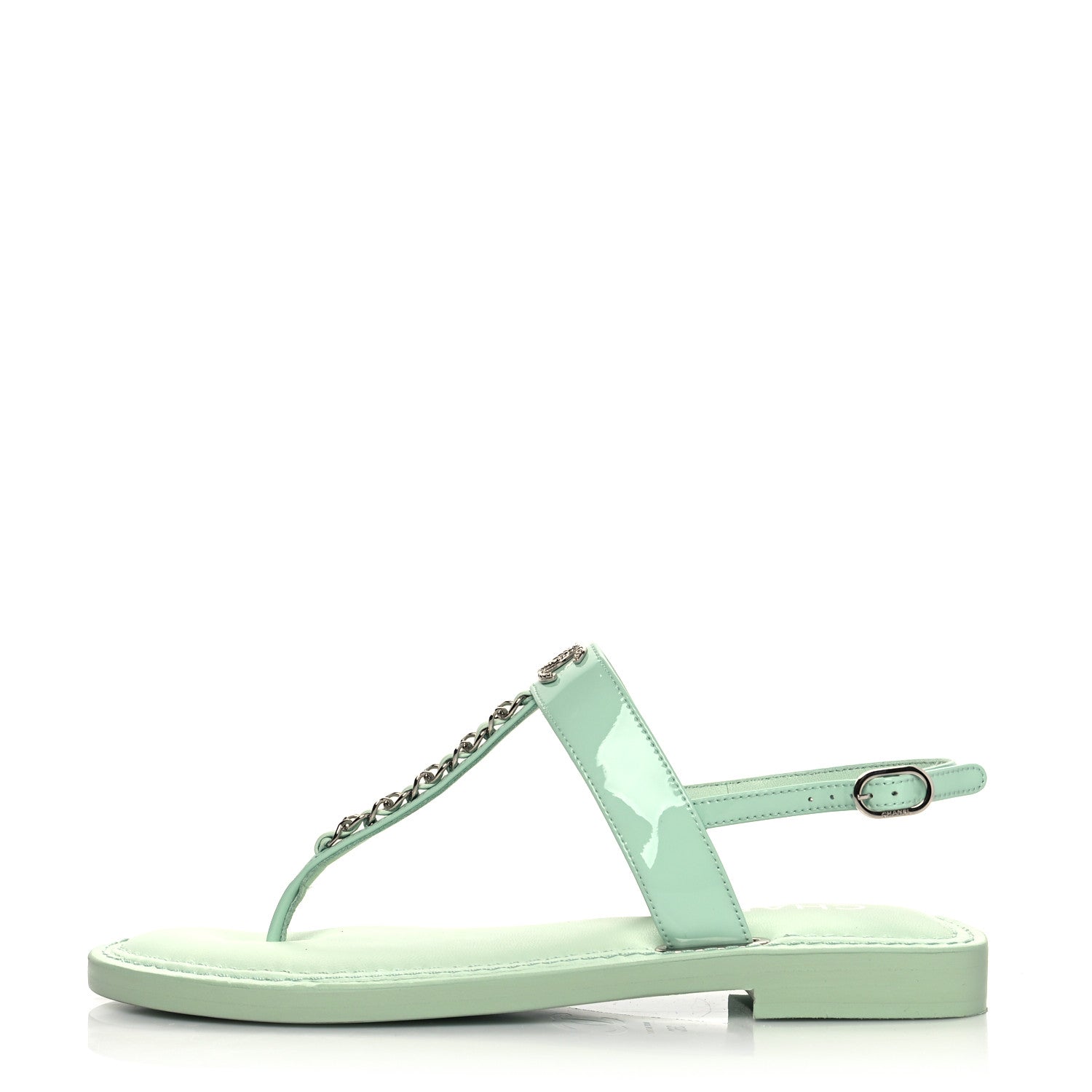 Chanel Lambskin Patent Chain CC Logo Thong Flat Sandals 36 Green 1 of 9