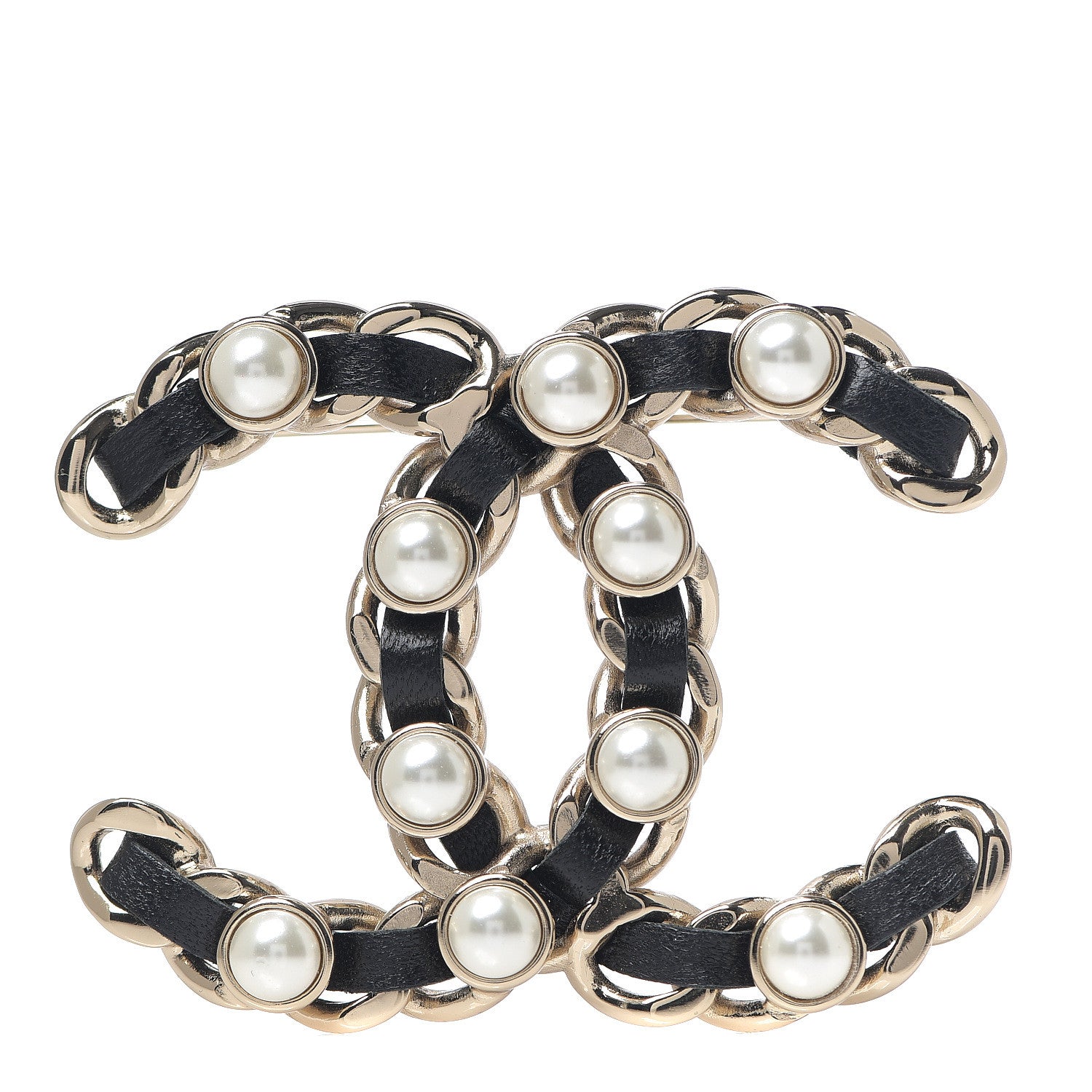 Chanel Lambskin Pearl Chain CC Brooch Gold Black 1 of 3