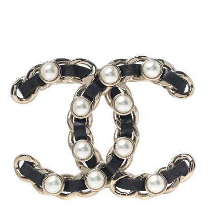 Chanel Lambskin Pearl Chain CC Brooch Gold Black 1 of 3