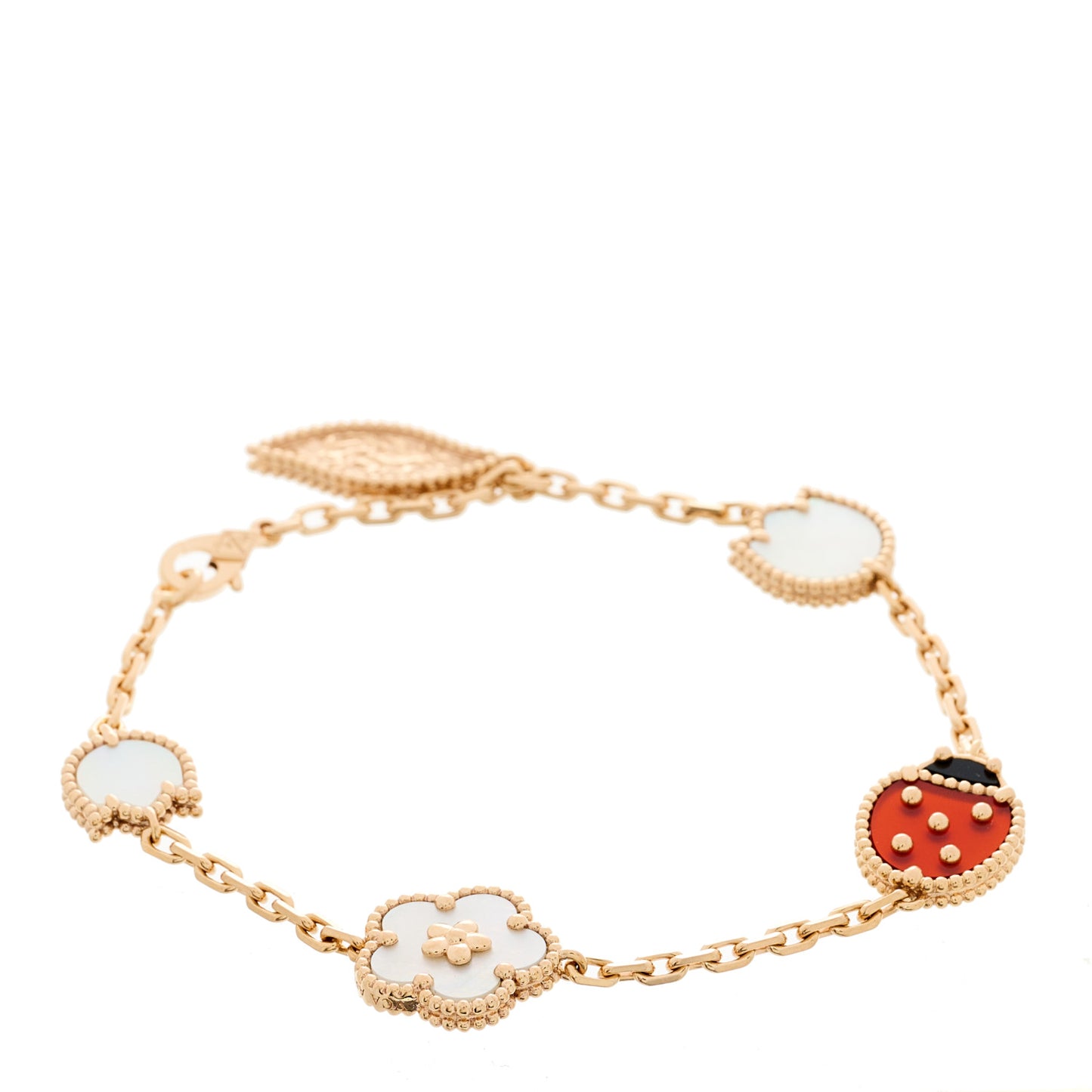 18K Rose Gold Carnelian Mother of Pearl Onyx 5 Motifs Lucky Spring Bracelet