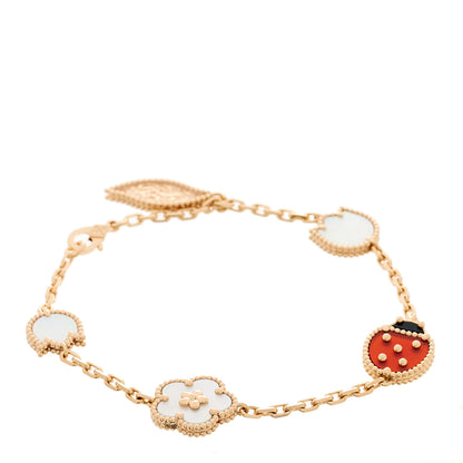 Van Cleef & Arpels 18K Rose Gold Carnelian Mother of Pearl Onyx 5 Motifs Lucky Spring Bracelet 1 of 4