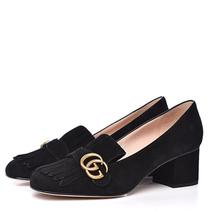 Gucci Kid Scamosciato GG Marmont Fringe 50mm Loafer Pumps 40 Black 3 of 9