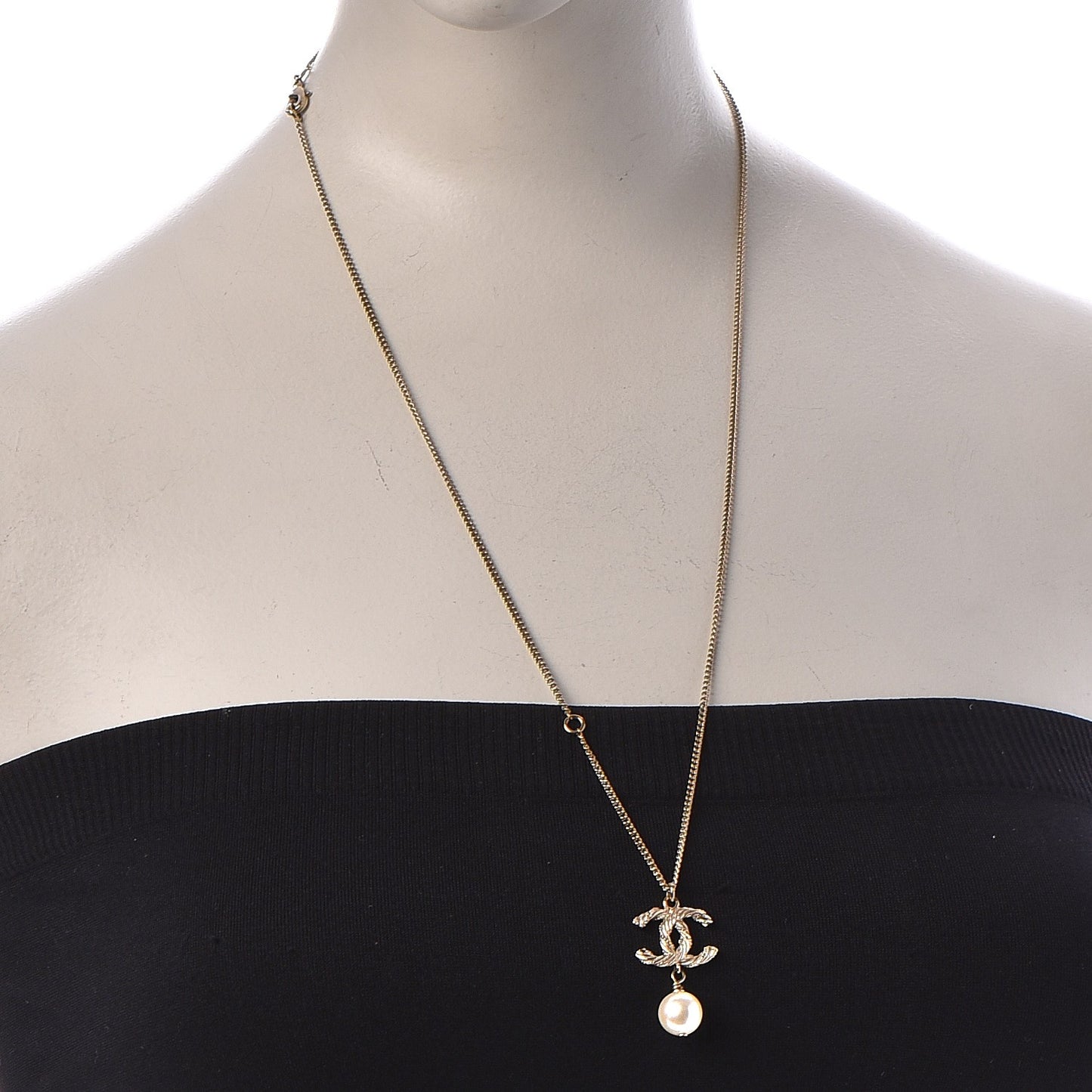 Pearl Crystal CC Drop Necklace Gold