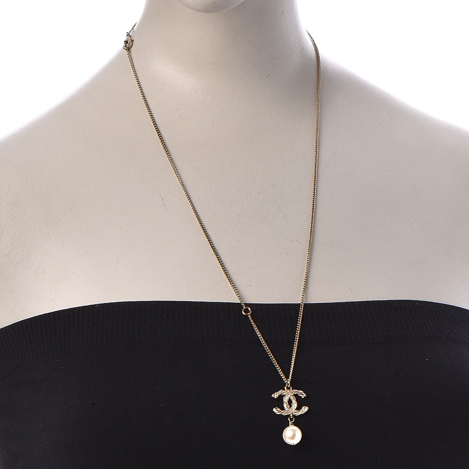 Chanel Pearl Crystal CC Drop Necklace Gold 2 of 5