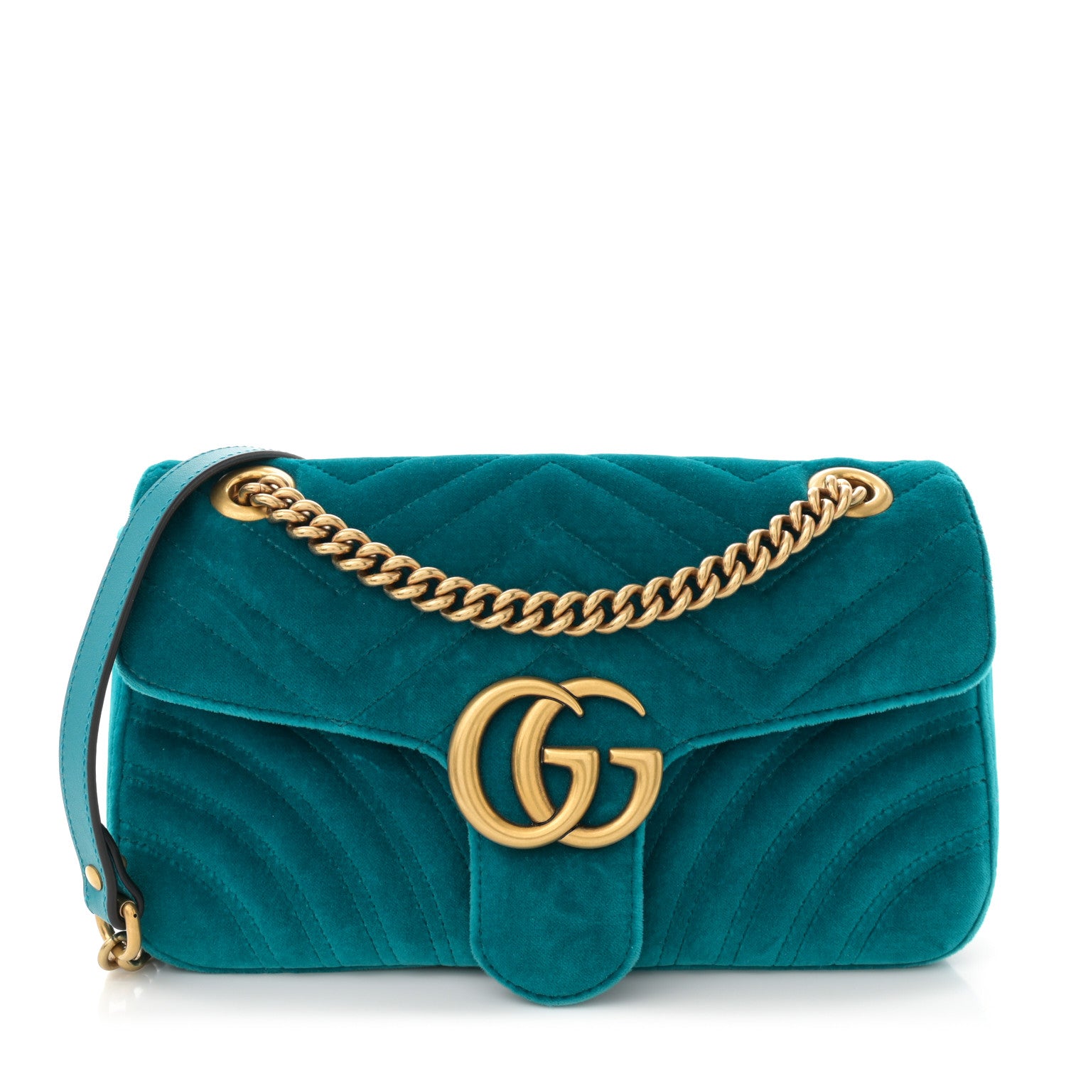 Gucci Velvet Matelasse Small GG Marmont Shoulder Bag Pavone Cyan 1 of 10