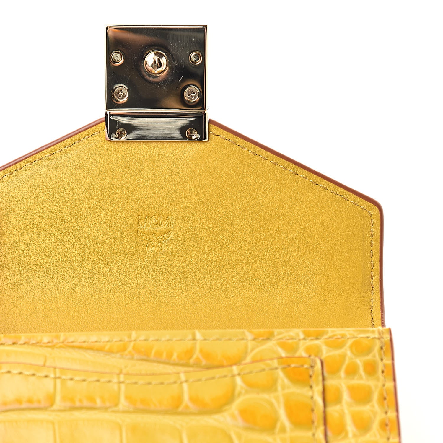 MCM Calfskin Crocodile Embossed Flap Card Holder Golden Mango 6 of 9