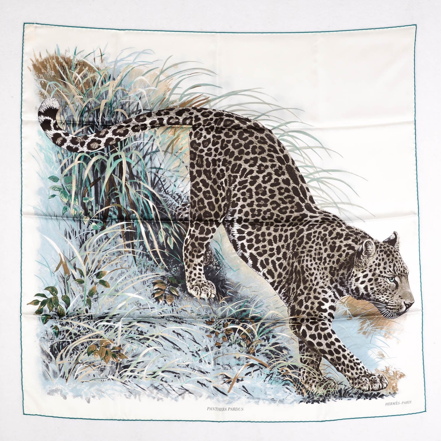 HERMÈS PANTHERA PARDUS スカーフ Hermes Silk Panthera Pardus Scarf 90 Blanc Anthracite Vert 141911