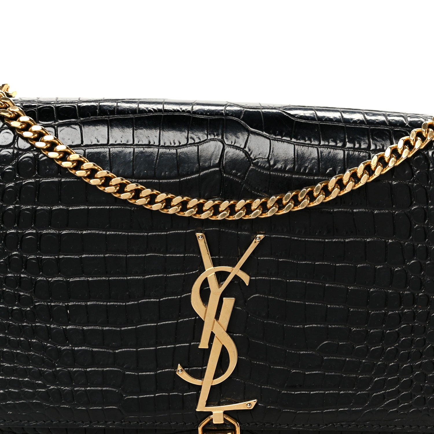 Saint Laurent Calfskin Crocodile Embossed Medium Classic Monogram Kate Tassel Satchel Black 9 of 11