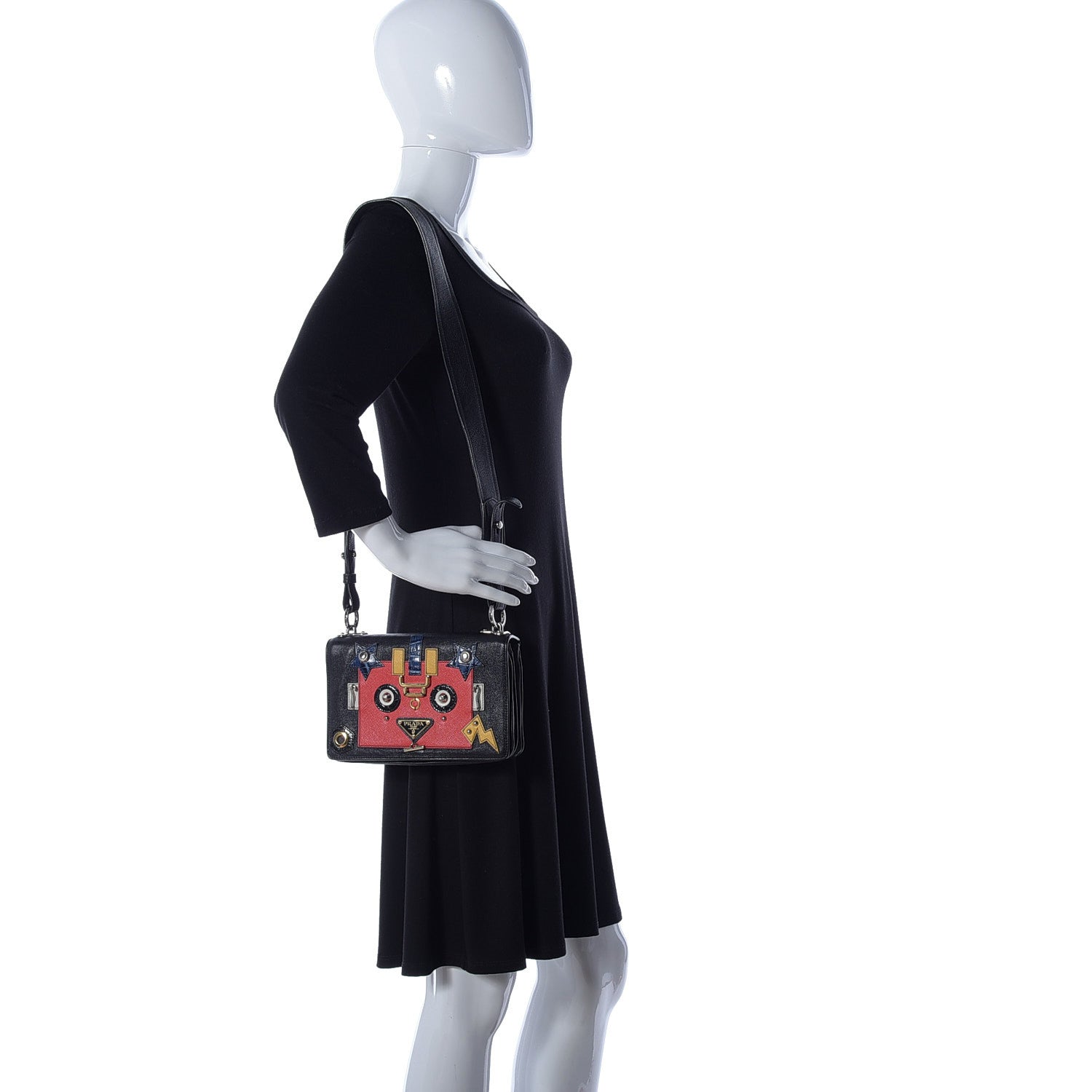 Prada Grained Calfskin Saffiano Robot Shoulder Bag Black Red 2 of 20