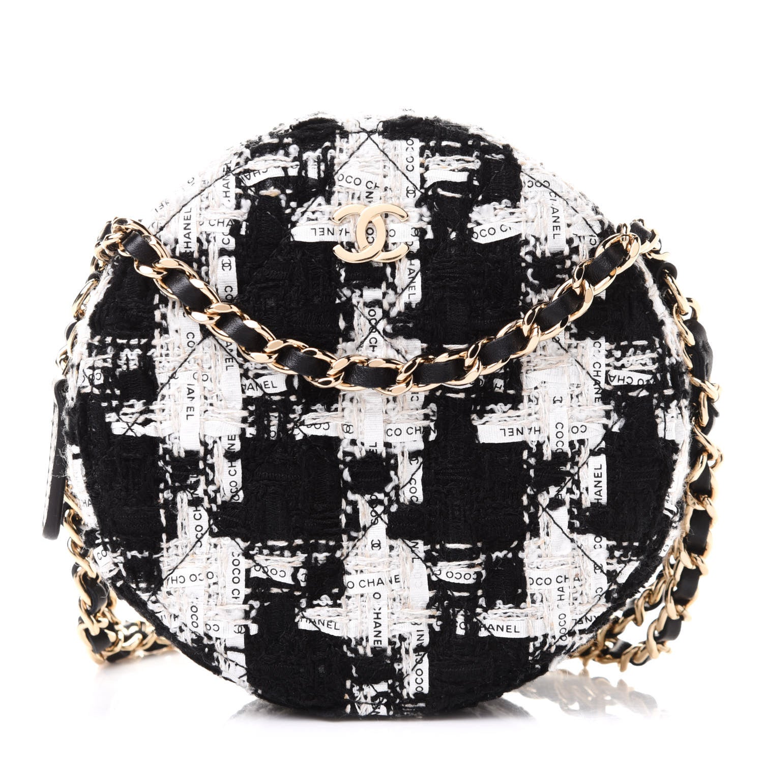 Chanel Tweed Quilted Round Clutch With Chain Black Ecru White 1 of 10