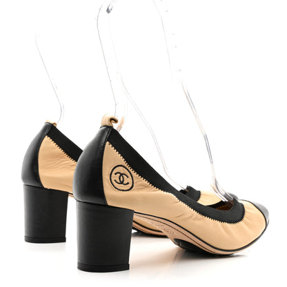 Chanel Lambskin Patent CC Elastic Stretch Pumps 40 Beige Black 4 of 9
