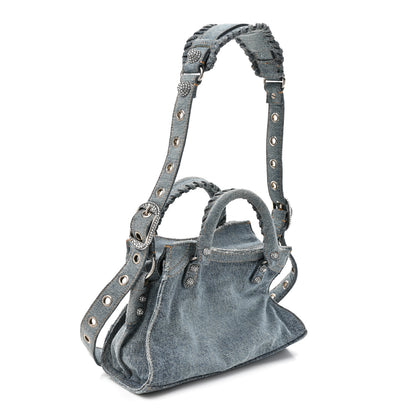 Balenciaga Washed Frayed Denim Crystal Neo Cagole Handbag XS Blue 4 of 11