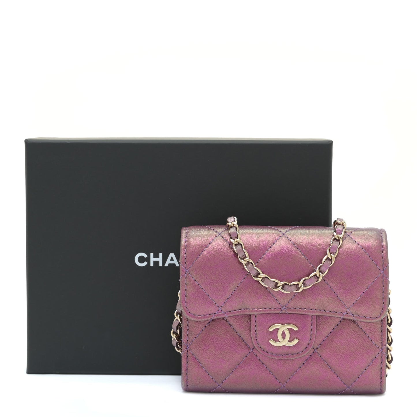 Iridescent Lambskin Quilted Flap Card Holder On Chain Purple