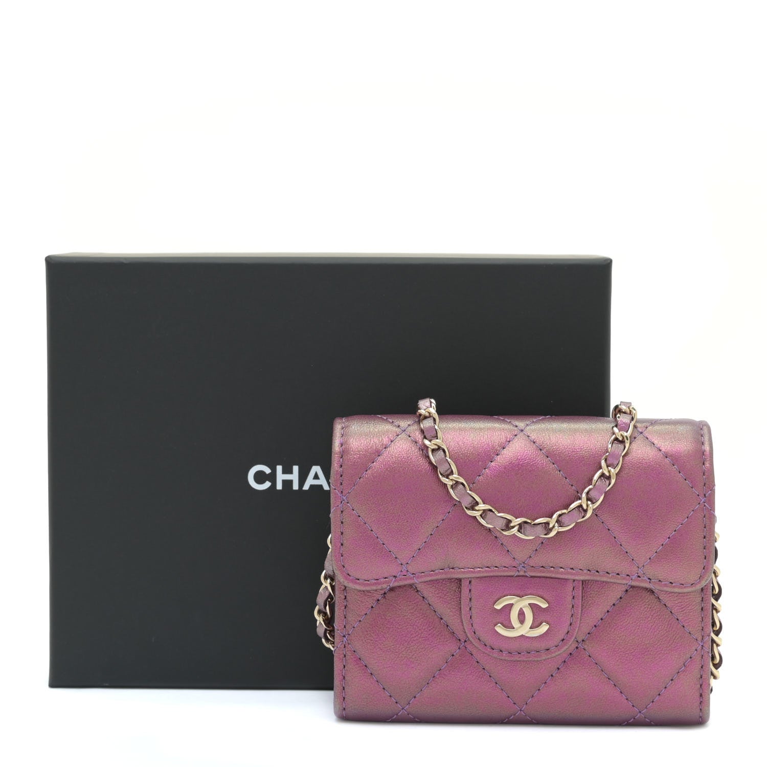 Chanel Iridescent Lambskin Quilted Flap Card Holder On Chain Purple 10 of 10