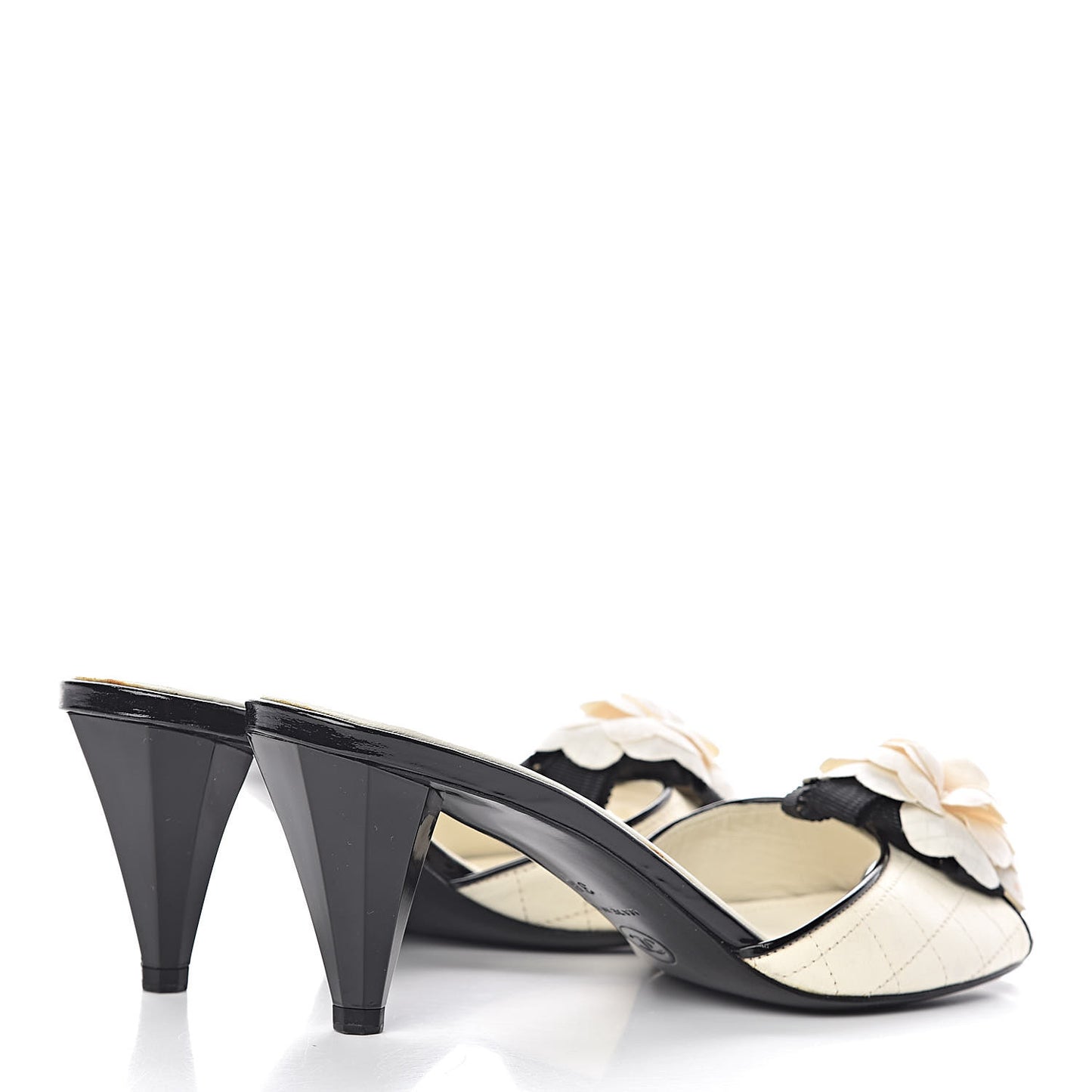 Calfskin Quilted Camellia CC Sandals 38 White Black