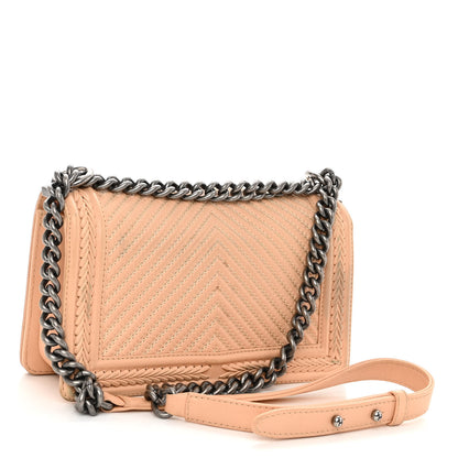 Chanel Calfskin Chevron Quilted Medium Braided Boy Flap Beige 3 of 14
