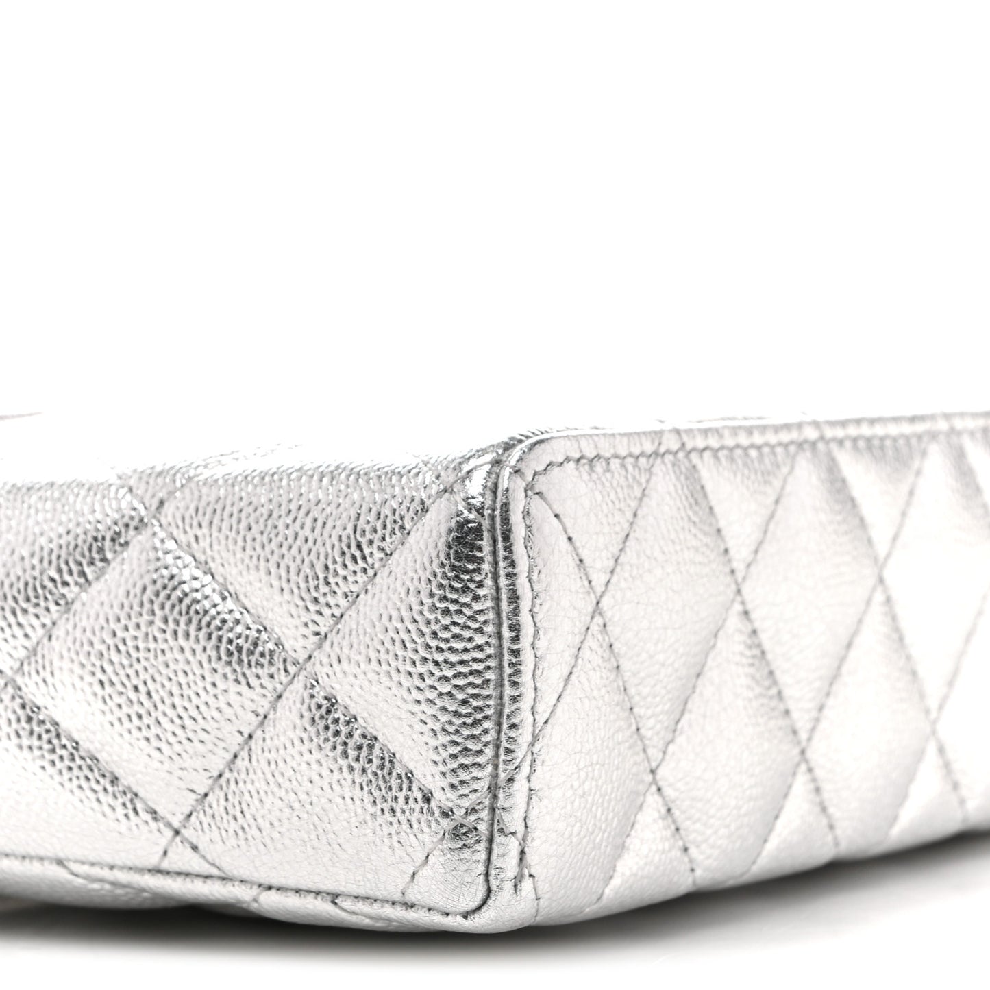 Metallic Caviar Quilted Top Handle Slim Vanity Case With Chain Silvery