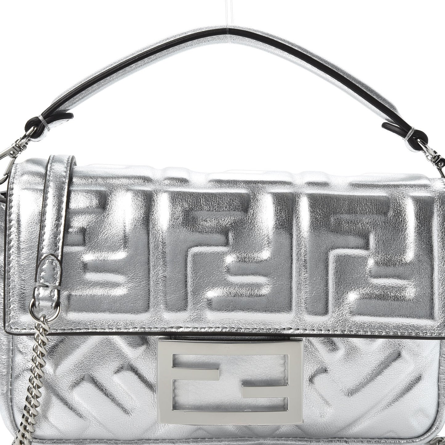 Vitello Catalan Mirror FF 1974 Embossed Mini Baguette Argento