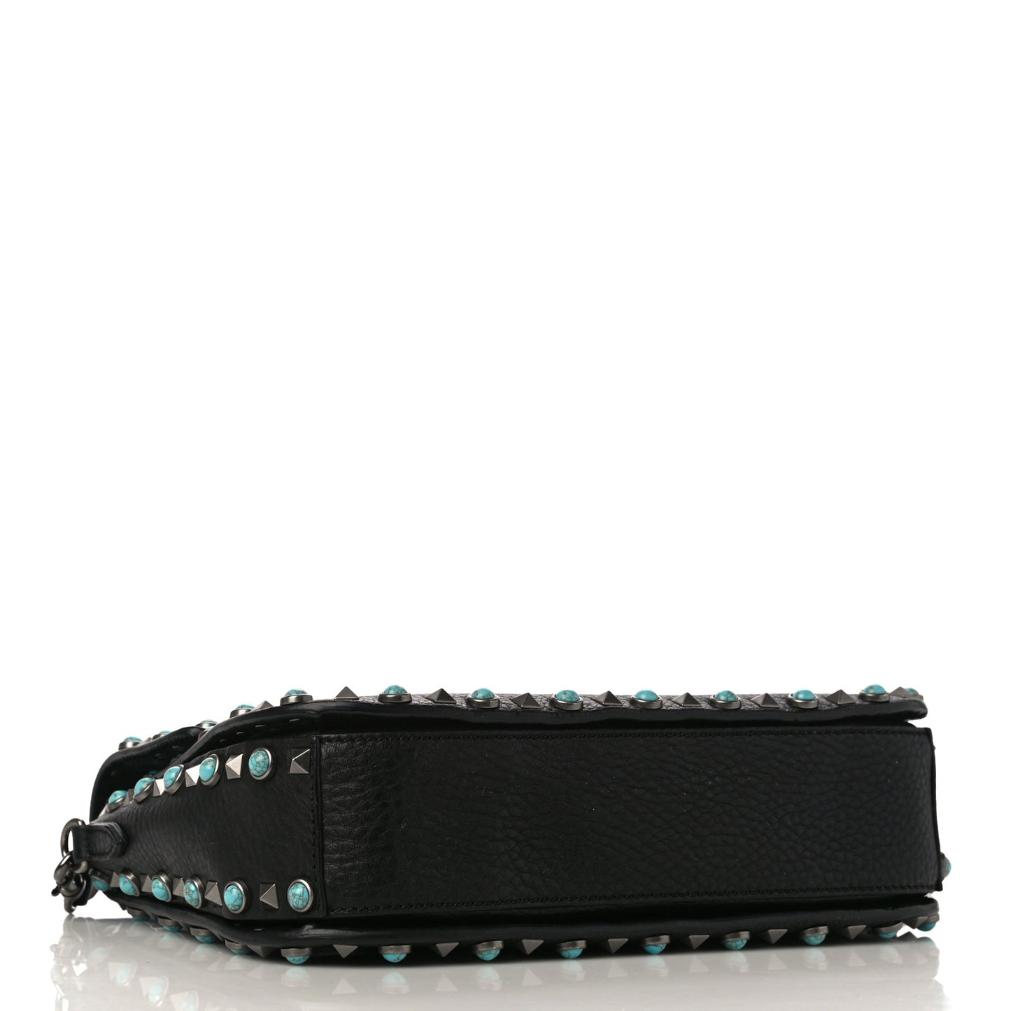 Pebbled Calfskin Turquoise Medium Rockstud Rolling Flap Saddle Bag Black