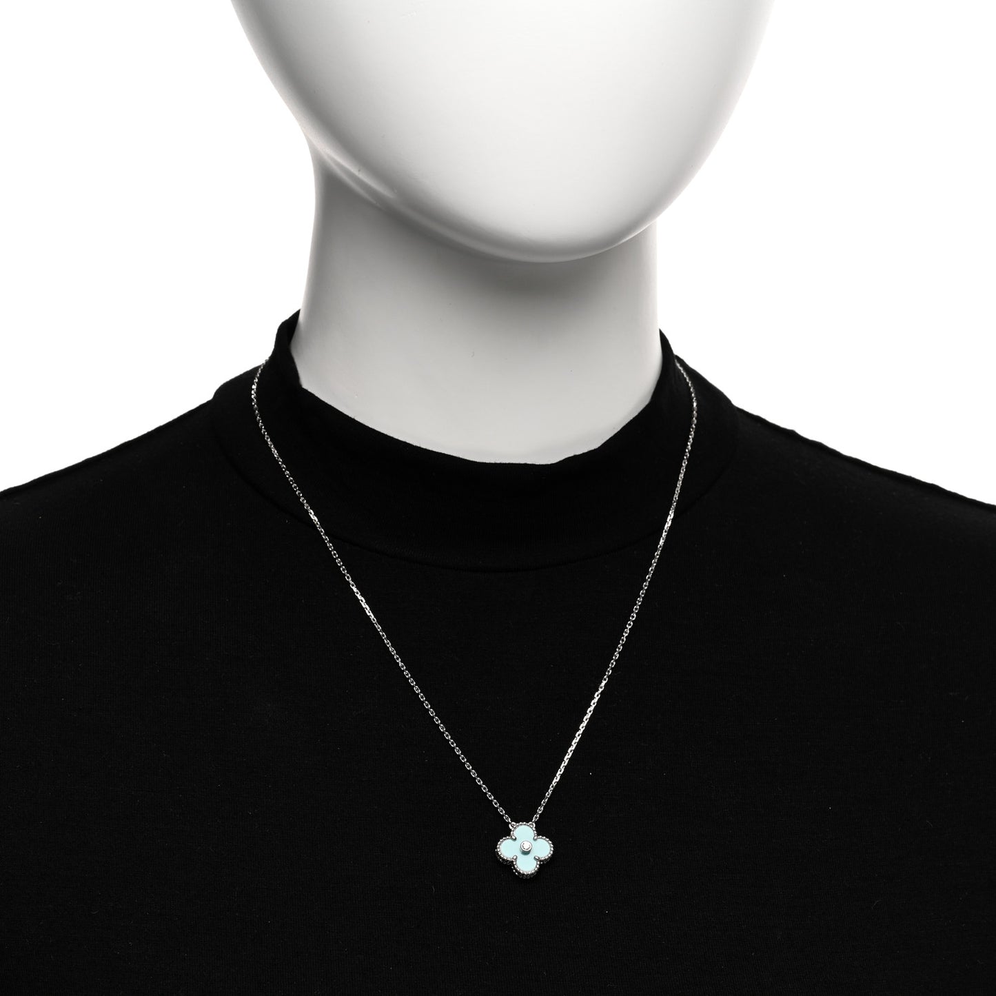 18K White Gold Diamond Celadon Green Sevres Porcelain Vintage Alhambra Pendant Necklace