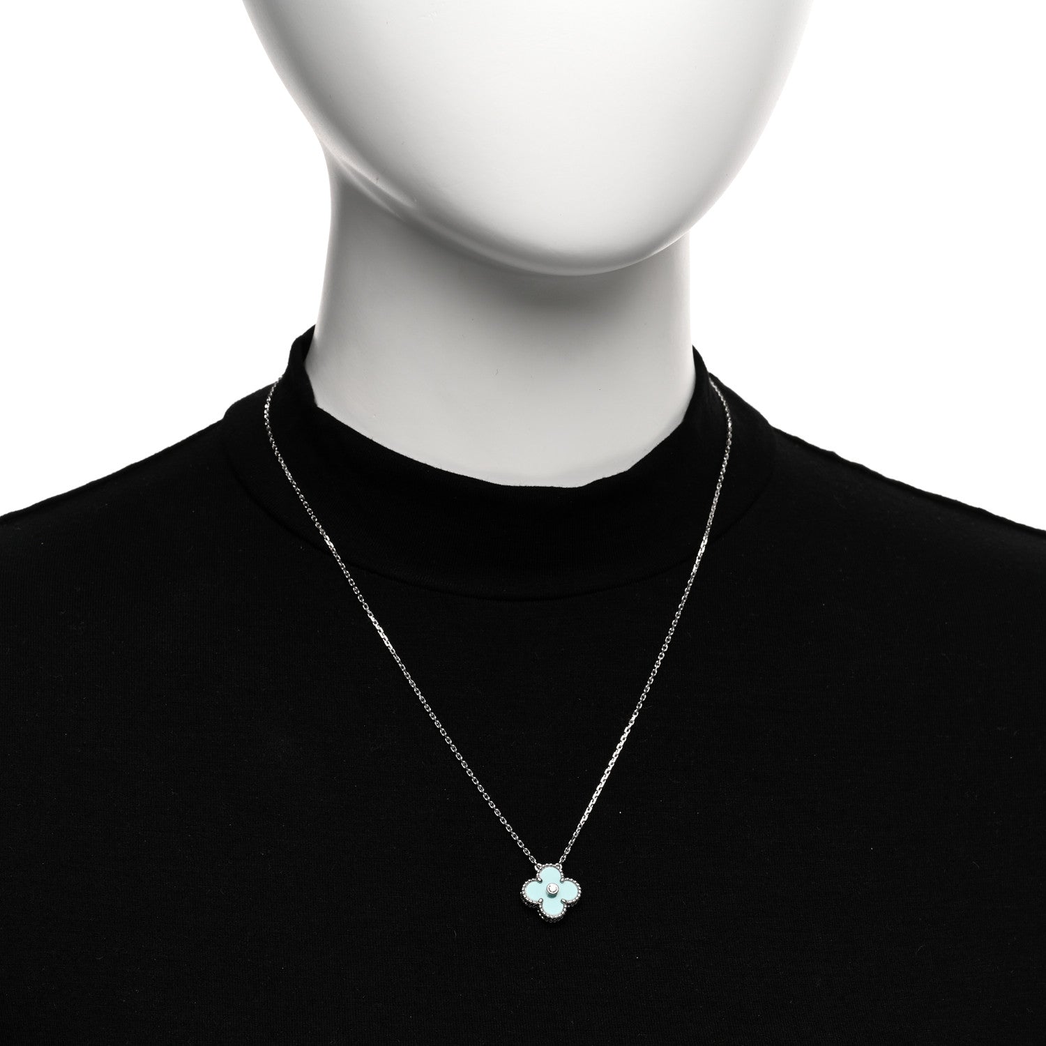 Van Cleef & Arpels 18K White Gold Diamond Celadon Green Sevres Porcelain Vintage Alhambra Pendant Necklace 2 of 6