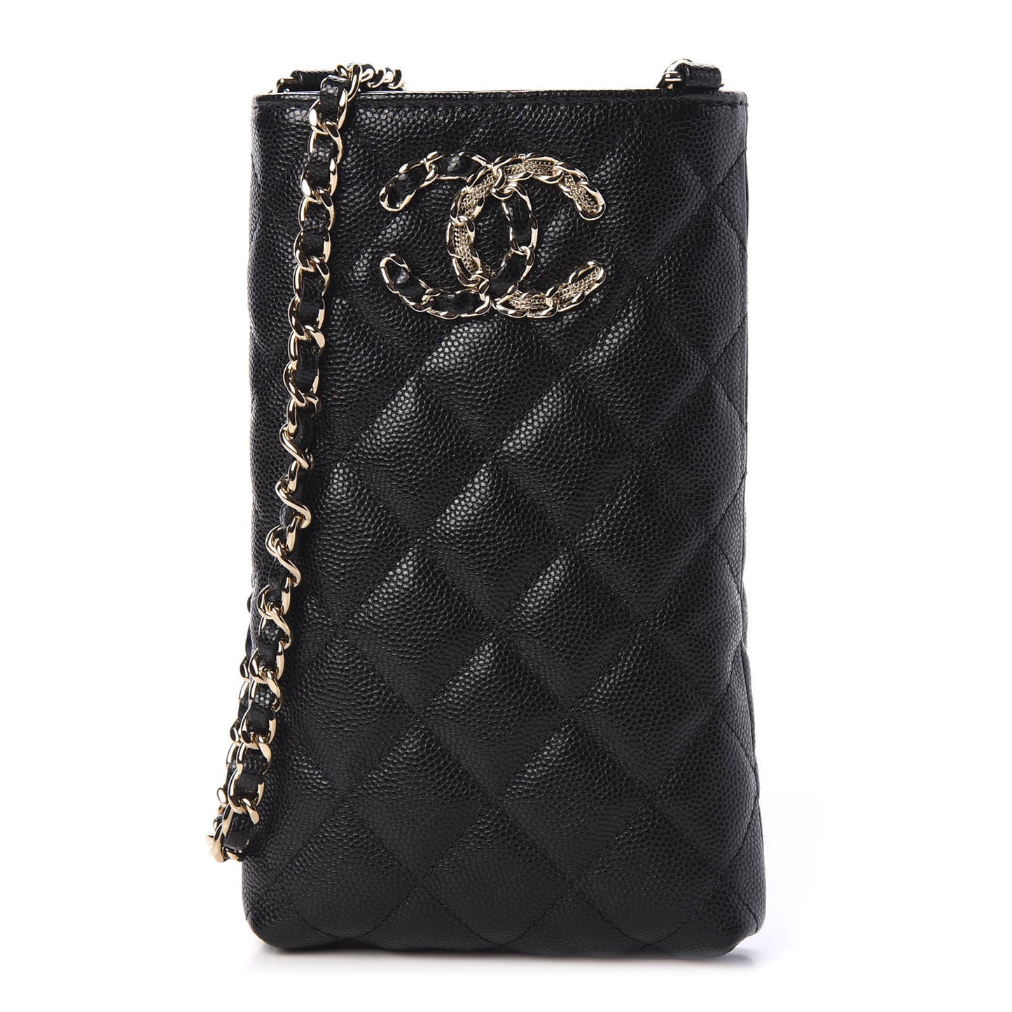 Caviar Quilted French New Wave Phone Holder With Chain Black
