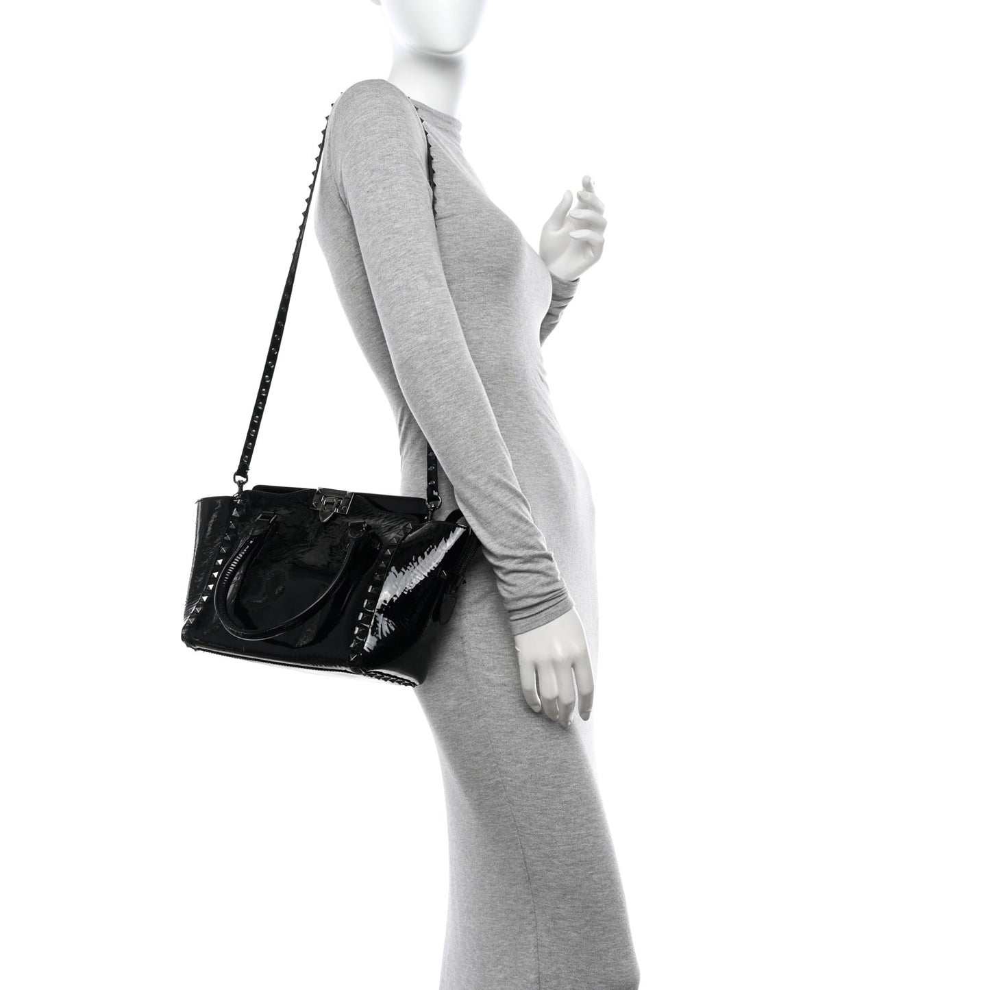 Patent Monochrome Small Rockstud Double Handle Tote Black